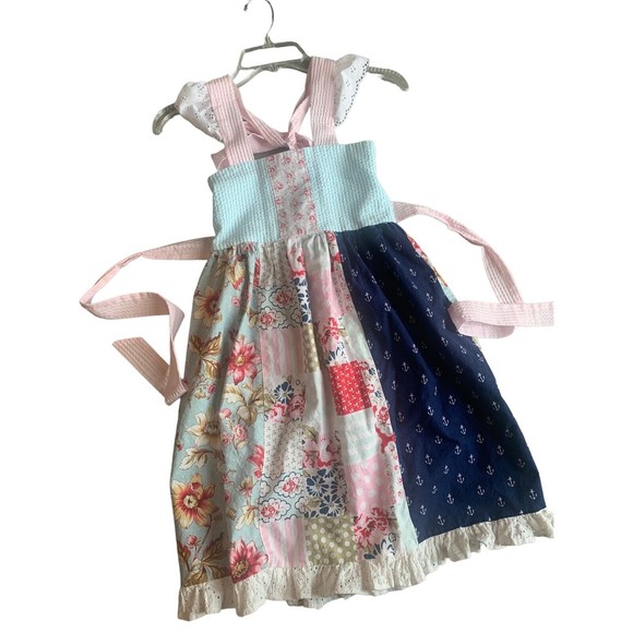 Girls Handmade Twirl Knit Dress Multi Fabric Size 8 Dress Tie Back Cap Sleeves - Picture 1 of 9